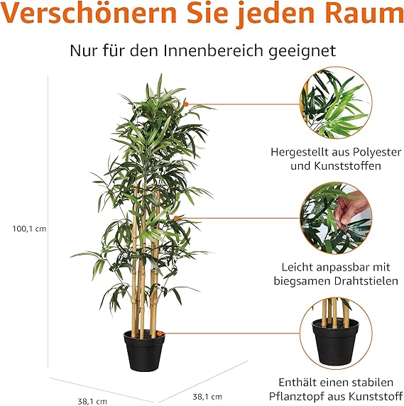 Künstliche Bambuspflanze mit Blumentopf, 100 cm, Grün